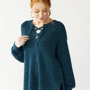 SO Teal Lace-Up Crew Neck Sweater